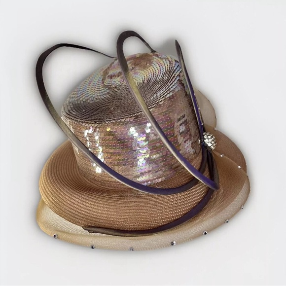 Vintage Whittall & Shon Hat Straw Rhinestone Feather Kentucky Derby Church Lady - Picture 6 of 9